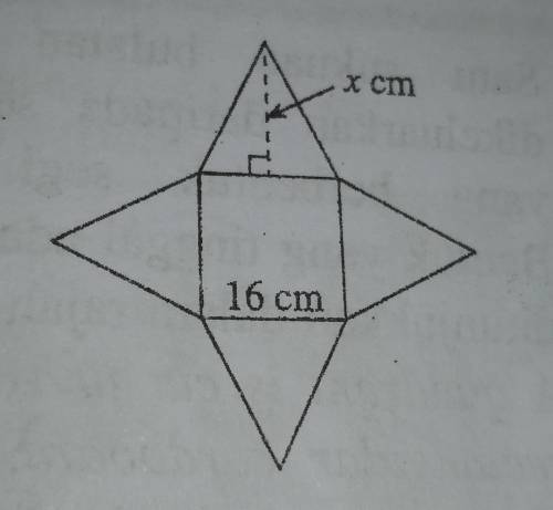 The diagram shows the net of a square pyramid.

The height of the pyramid is 15 cm. Calculate the