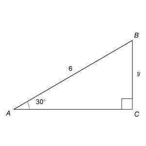 What is the value of y? Triangle A B C has right angle C with hypotenuse labeled 6. Angle A is 60 d