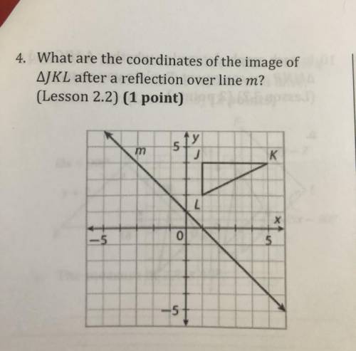 What are the coordinates of the image of JKL after a reflection over line m?
PLEASE HELP!!!