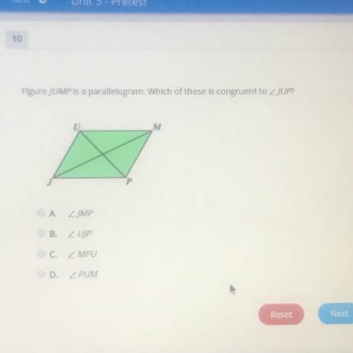 Figure JUMP Is a parallelogram. Which of these is congruent to angle JUP
