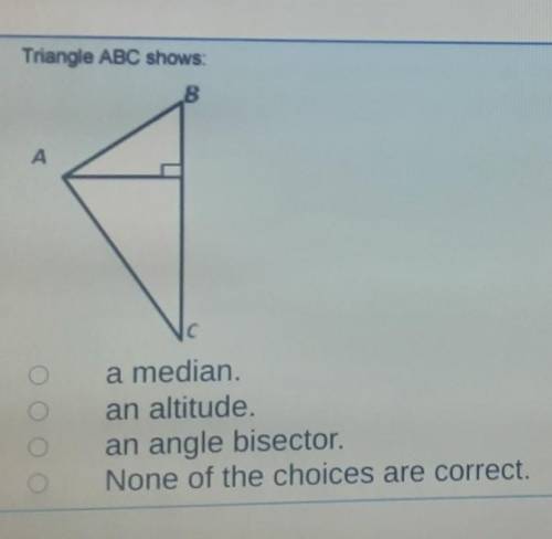 Triangle ABC shows:

a median.an altitude.an angle bisector.None of the choices are correct.