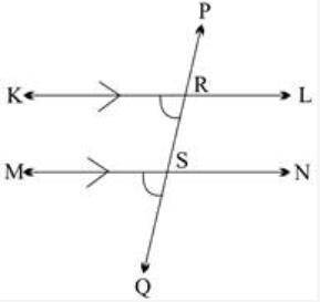 Maria drew two parallel lines, KL and MN, intersected by a transversal PQ, as shown below: Which fa