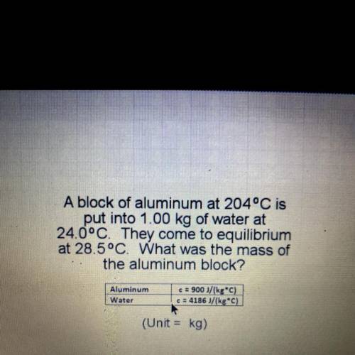 A block of aluminum at 204°C is

put into 1.00 kg of water at
24.0°C. They come to equilibrium
at