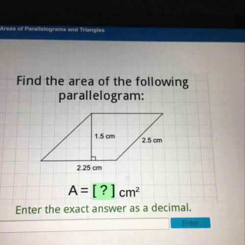 Find the area of the following
parallelogram:
1.5 cm
2.5 cm
2.25 cm
A= [?] cm