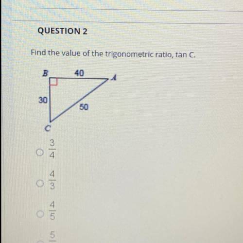 Find the value of the trigonometric ratio, tan C.