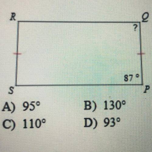 Find the measurement of the angle indicated for the trapezoid.

A) 95
C) 110°
B) 130°
D) 93