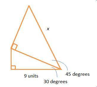 NEED IT ASAP What is the value of x in the diagram below? A.18/ ROOT 3 B.18 ROOT 2/ROOT 3 C.18 ROOT