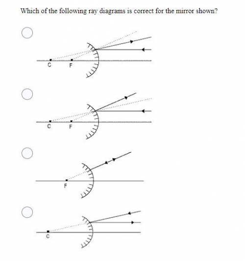 14. Which of the following ray diagrams is correct for the mirror shown?