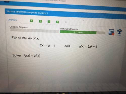 Please help! For all values of x, F(x)= x-1 And G(x)=2x^2+3 Solve fg(x)= gf(x)