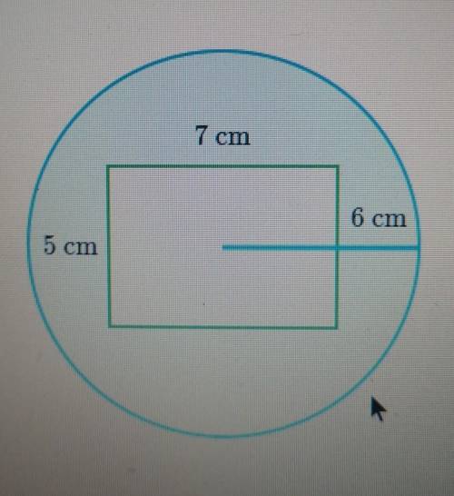 A 7 cm x 5 cm rectangle sits inside a circle with radius of 6 cm. What is the area of the shaded re