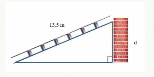 A 13.5-meter ladder leans against a brick wall and the ladder makes a 75∘ with the wall. The distan