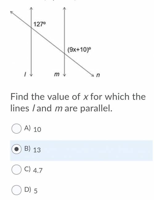 Find the value of x for which the lines l and m are parallel. Choices are in the attachment.. (disr