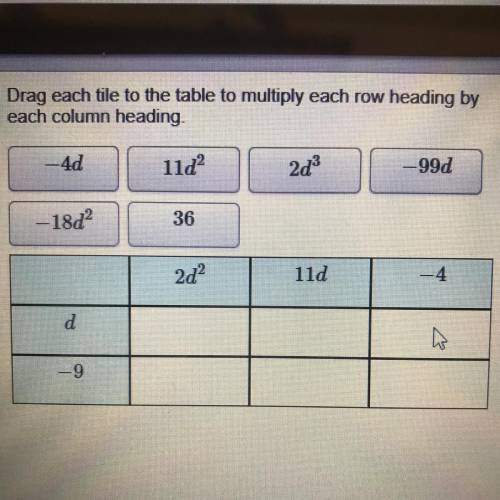 Drag each tile to the table to multiply each row heading by
each column heading.