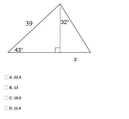 PLS ANSWER ASAP Find the length of the side labeled x. Round intermediate values to the nearest ten