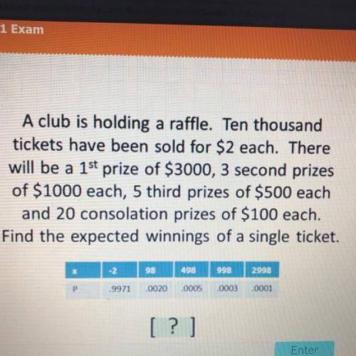 A club is holding a raffle. Ten thousand

tickets have been sold for $2 each. There
will be a 1st