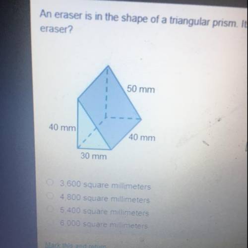 An eraser is in the shape of a triangular prism. Its dimensions are shown in the diagram. What is s