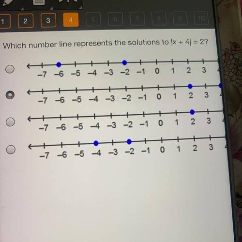 Help ASAP  Which number line represents the solutions to \x + 4) = 2?

+
+
-7 -6 -5 -4 -3 -2