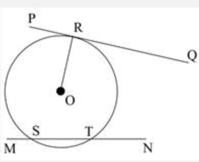 Look at the figure below: Which is the tangent to the circle? A. Segment RO B. Line MN C. Line PQ D