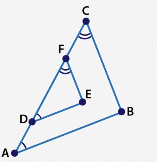 Name the similar triangles. triangles CBA and FED with angle D congruent to angle A and angle F con