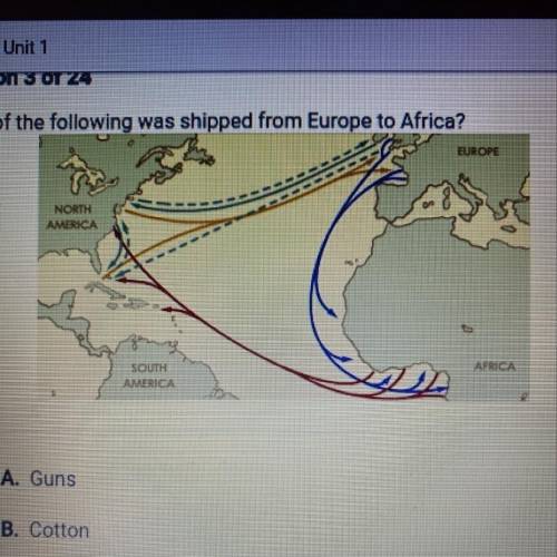 Which of the following was shipped from Europe to Africa?

EUROPE
NORTH
AMERICA
AFRICA
SOUTH
AMERI