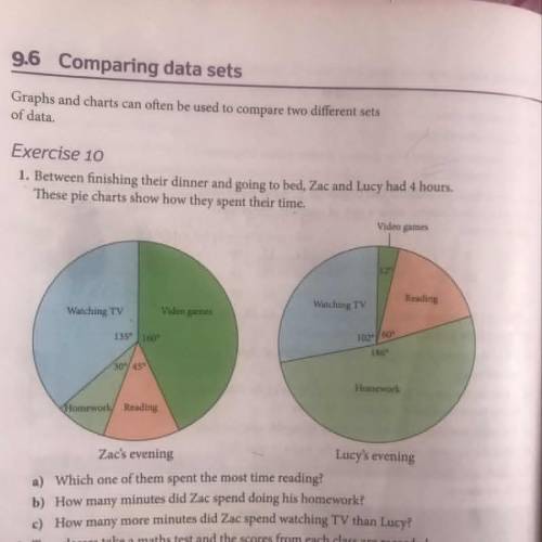 1. Between finishing their dinner and going to bed, Zac and Lucy had 4 hours.

These pie charts sh