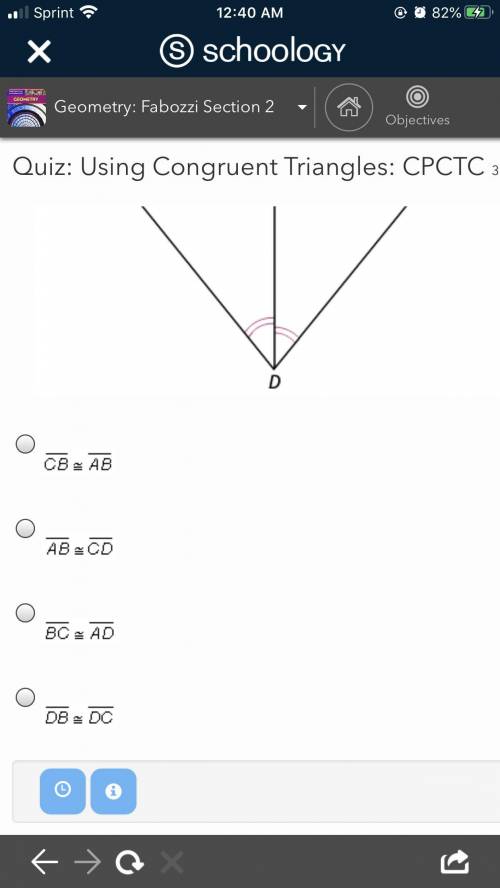 In the figure, ∆ABD ≅ ∆CBD by Angle-Side-Angle (ASA). Which segments are congruent by CPCTC?