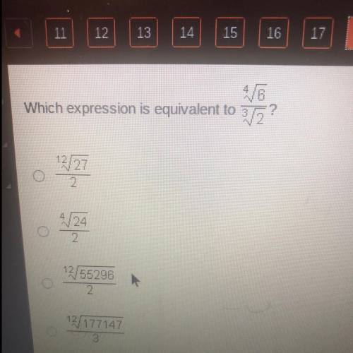 Which expression is equivalent to 4 square root 6 divided by 3 root 2?