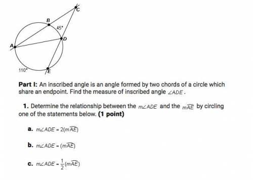 Determine the relationship between the measure of angle ADE and the measure of arc AE by circling o