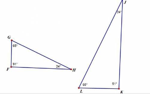The triangles below are similar. Triangle G H F. Angle G is 65 degrees, H is 24 degrees, F is 91 de