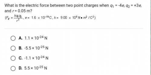 What is the electric force between two points charges when q1=-4e, q2 = +3e, and r = 0.05 m?