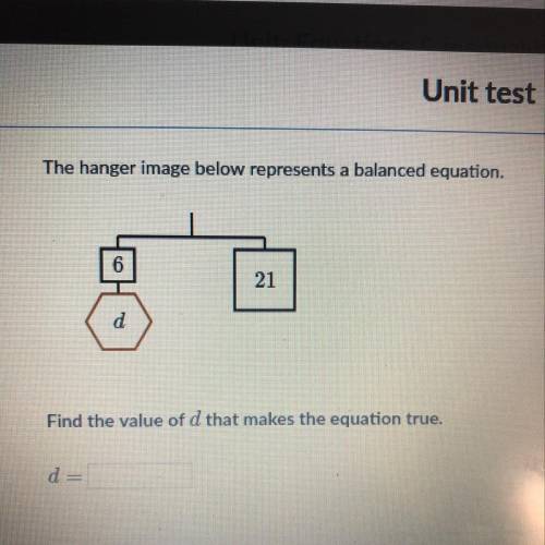 The hanger image below represents a balanced equation.

6
21
d
Find the value of d that makes the