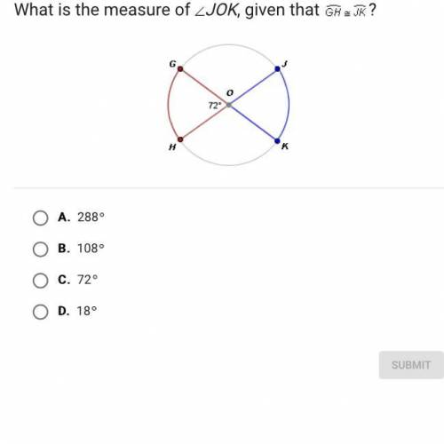 What is the measure of JOK, given that GH=JK ?

A.
288
B.
108
C.
72
D.
18