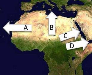 On the map above, what body of water is arrow C pointing to? A. the Atlantic Ocean B. the Indian Oc