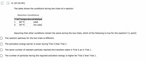 The table shows the conditions during two trials of a reaction.