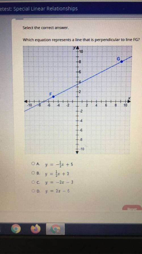 Select the correct answer. Which equation represents a line that is perpendicular to line FG?