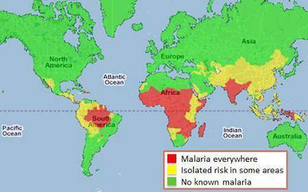 According to the map above, what is the risk of catching malaria while living in Africa? A. There i