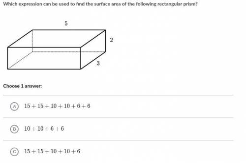 Which expression can be used to find the surface area of the following rectangular prism? Choose 1