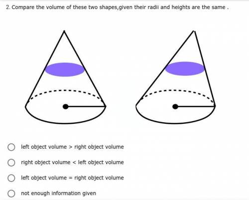 *PLEASE ANSWER* Compare the volume of these two shapes,given their radii and heights are the same .