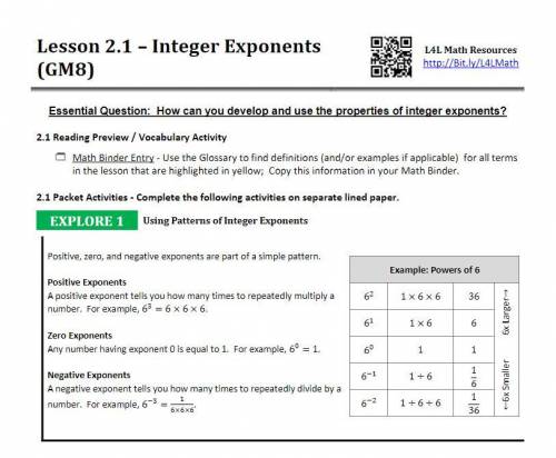 Exploring Properties of Integer Exponents  Complete Parts A - D below. MORE INFO AND PICTURES DOWN