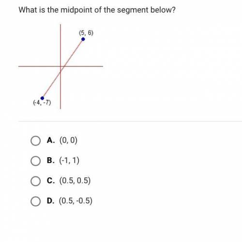 What is the midpoint of the segment below?

A.
(0, 0)
B.
(-1, 1)
C.
(0.5, 0.5)
D.
(0.5, -0.5)