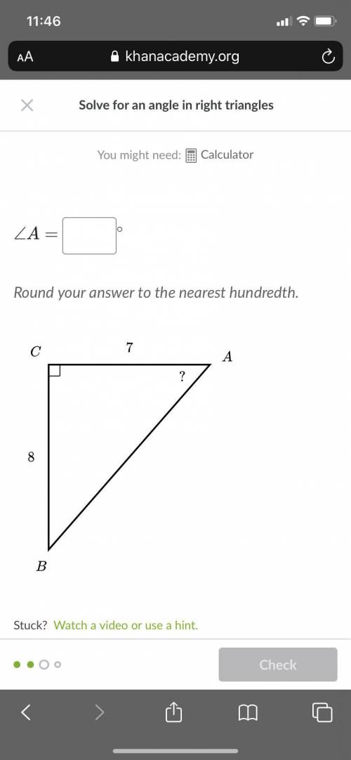 Round your answer to the nearest hundredth. Find angle A=?