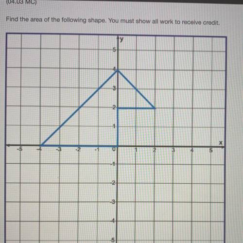 Find the area of the following shape. You must show all work to receive credit.