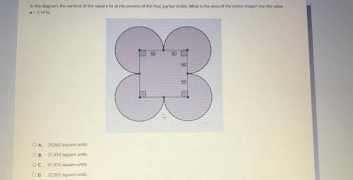 In the diagram, the vertices of the square lie at the centers of the four partial circles. What is