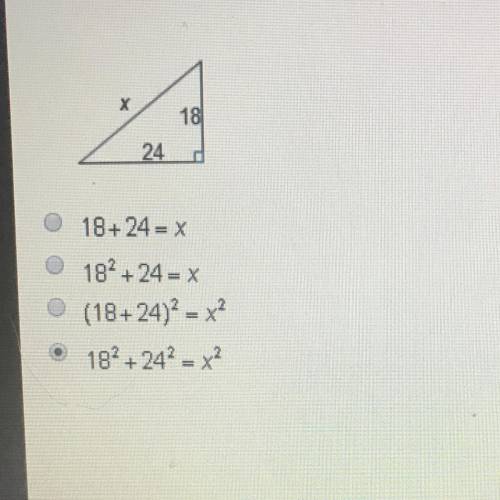 Which equation can be used to find x, the length of the hypotenuse of the right triangle?