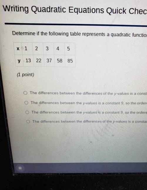 Determine if the following table represents a quadratic function.

x 1 23 4 5y 13 22 37 58 85(1 po