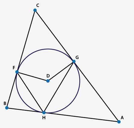 Point D is the incenter of triangle BCA. If m∠FDG = 128°, what is the measure of ∠FHG? Triangle BCA