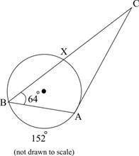 (07.01 LC) The figure below shows a triangle with vertices A and B on a circle and vertex C outside