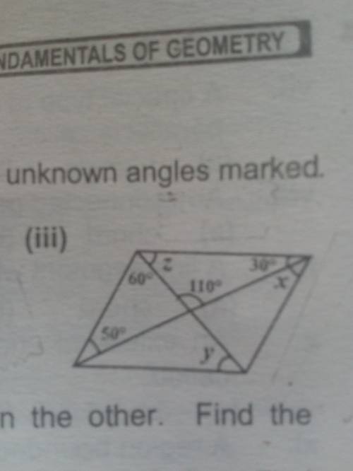For each of the following paralellogram calculate the unknown angles marked. x, y and z