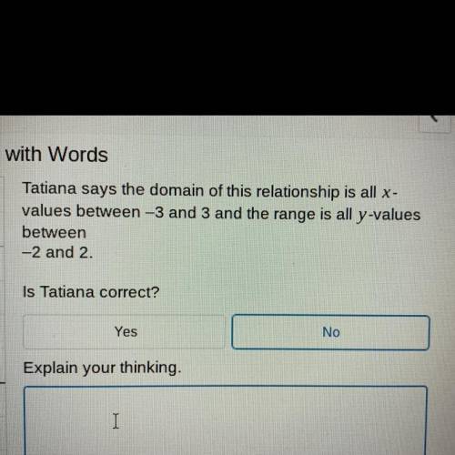 Tatiana says the domain of this relationship is all x-

values between -3 and 3 and the range is a