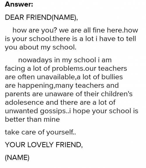 write a letter to your friend in another school telling him about four problem facing your school us